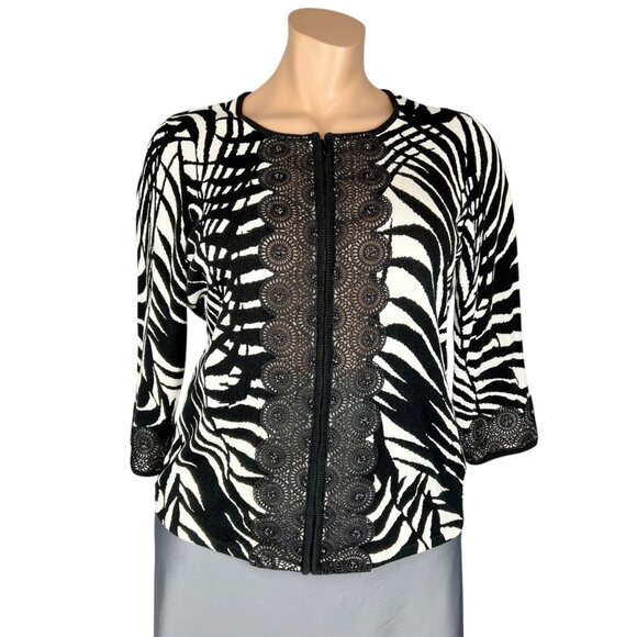 Berek Womens Plus Black White Zebra Print Knit Cardigan Jacket Full Zip size 1XL - Picture 1 of 13